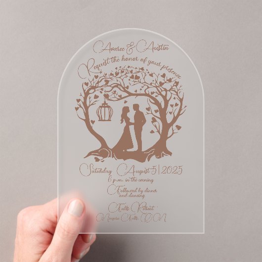 Invitations En Acrylique Elégant Mariage Couple Tree encadré Brown (In situ (ordinateur de poche))