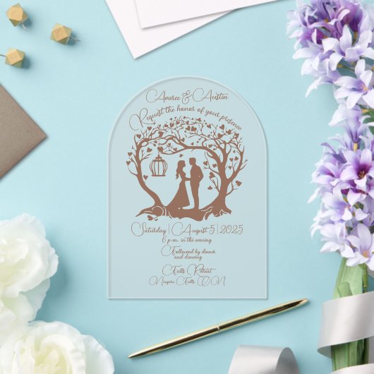 Invitations En Acrylique Elégant Mariage Couple Tree encadré Brown (Insitu (Mariage))