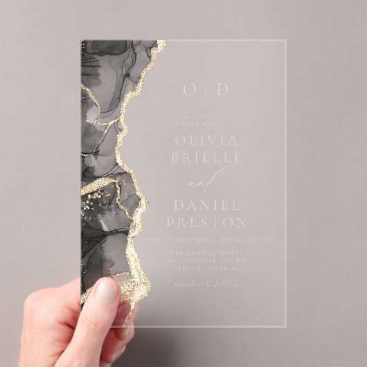 Invitations En Acrylique Élégant Mariage d'agate d'or noir (In situ (ordinateur de poche))