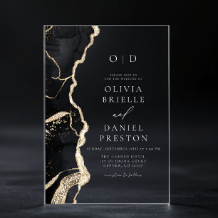Invitations En Acrylique Élégant Mariage d'agate d'or noir