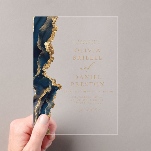 Invitations En Acrylique Élégant Mariage d'âge or bleu marine (In situ (ordinateur de poche))