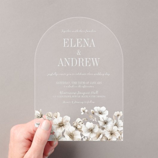 Invitations En Acrylique Élégant Mariage d'arc floral blanc (In situ (ordinateur de poche))
