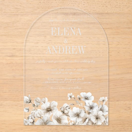 Invitations En Acrylique Élégant Mariage d'arc floral blanc (Recto)