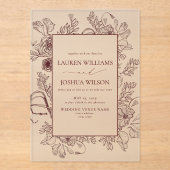 Invitations En Acrylique Élégant Mariage d'art de la ligne florale bordeaux (Recto)