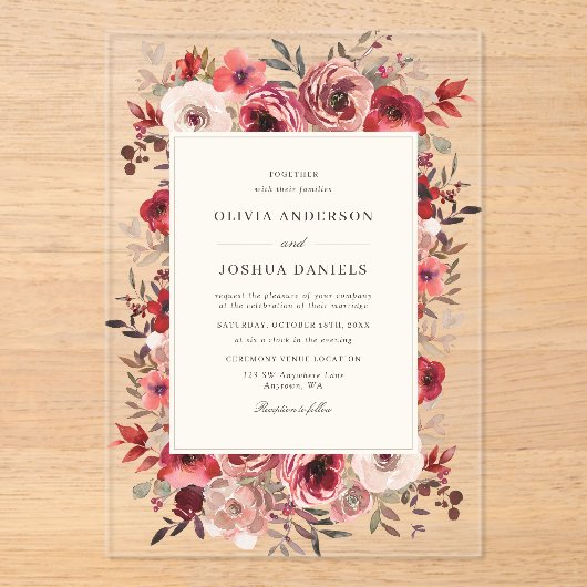 Invitations En Acrylique Élégant Mariage de automne rouge rustique (Recto)