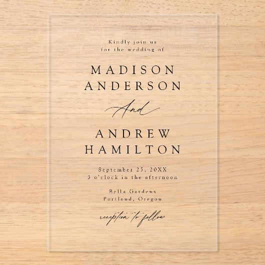 Invitations En Acrylique Élégant Mariage de calligraphie noire (Recto)