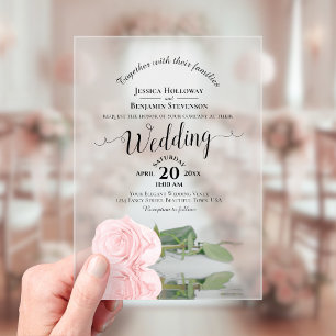 Invitations En Acrylique Élégant Mariage de calligraphie rose rose rose