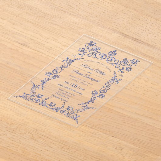 Invitations En Acrylique Élégant Mariage de chinoiserie bleu et blanc (Poser)