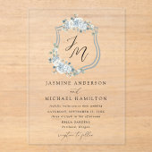 Invitations En Acrylique Élégant Mariage de crête florale bleu-dusty (Recto)