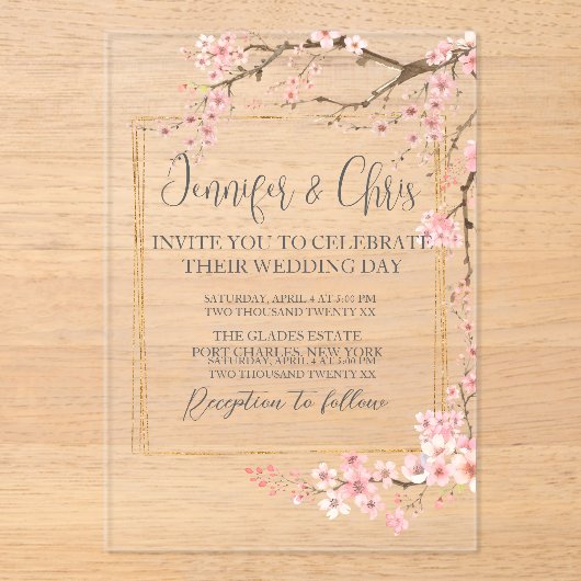 Invitations En Acrylique Élégant Mariage de fleurs de cerisier (Recto)
