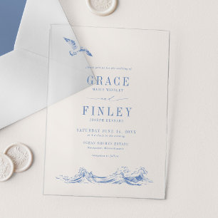 Invitations En Acrylique Élégant Mariage de Plage Chic Bleu Côté Mer