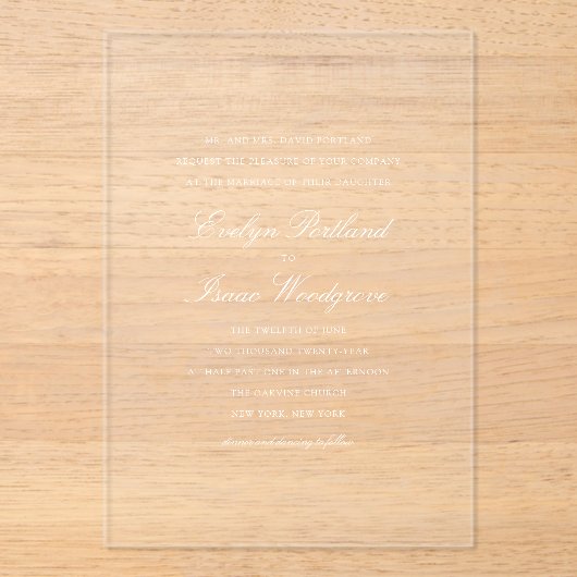 Invitations En Acrylique Élégant Mariage de script blanc classique (Recto)