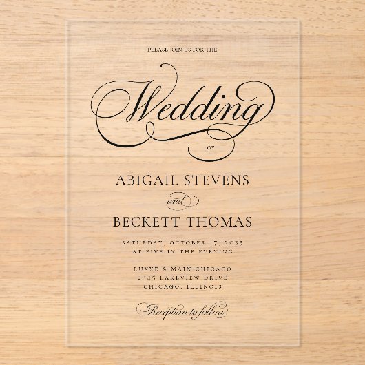 Invitations En Acrylique Élégant Mariage de script classique (Recto)