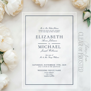 Invitations En Acrylique Élégant Mariage de script classique bleu marine