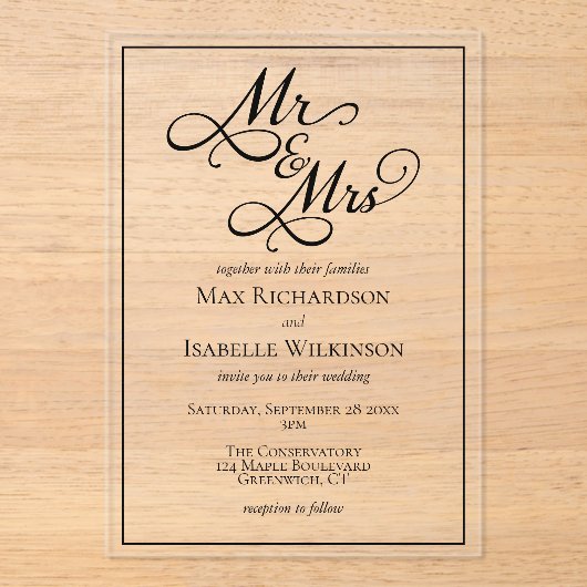 Invitations En Acrylique Élégant Mariage de script de calligraphie (Recto)