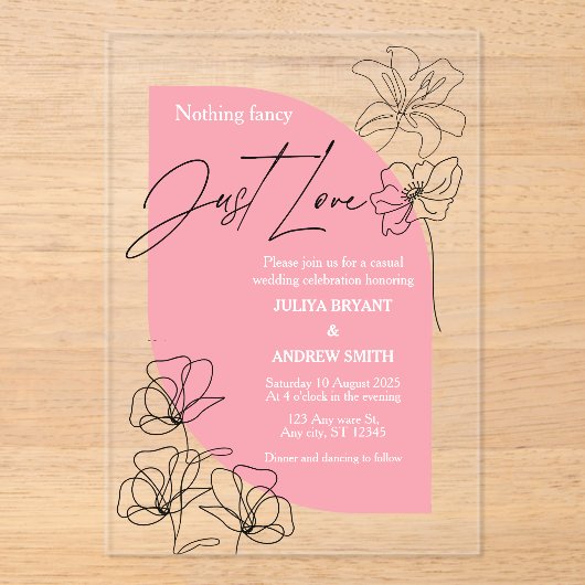 Invitations En Acrylique Élégant Mariage de script rose et crème (Recto)