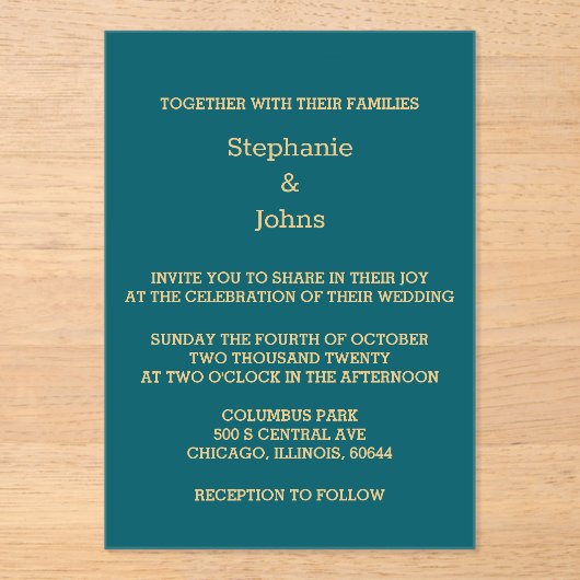 Invitations En Acrylique Élégant Mariage de script Turquoise Blue Green Gol (Recto)