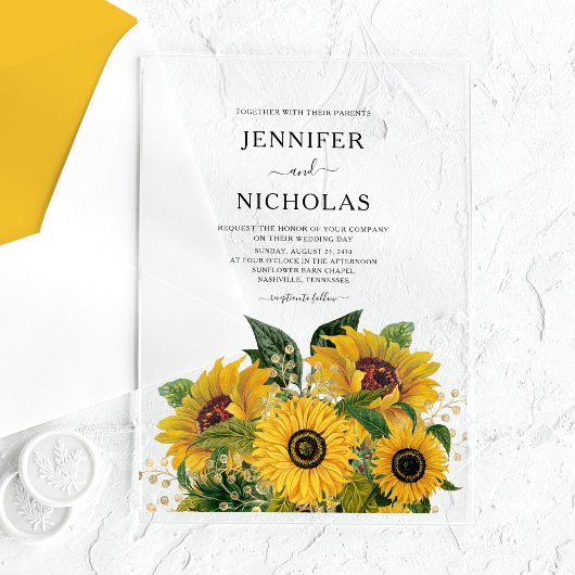 Invitations En Acrylique Élégant Mariage de tournesols floraux verts