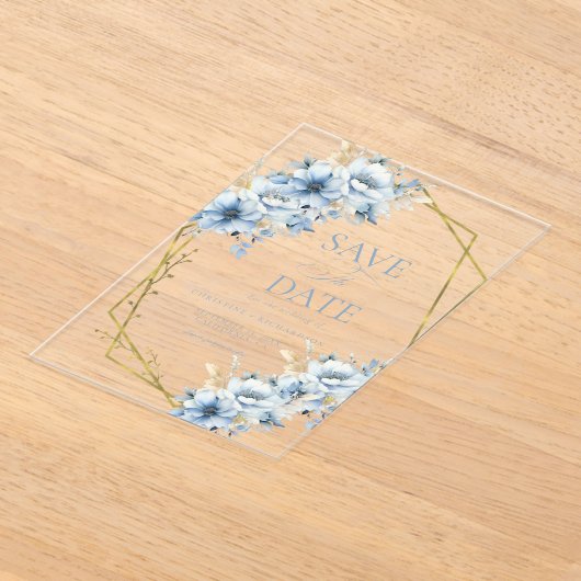 Invitations En Acrylique Élégant Mariage de trame géométrique Floral bleu (Poser)