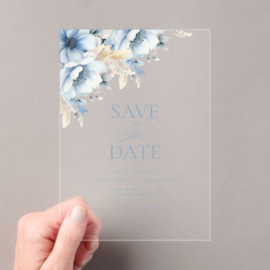 Invitations En Acrylique Élégant Mariage de trame géométrique Floral bleu (In situ (ordinateur de poche))