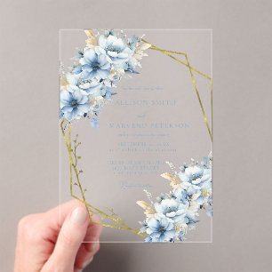 Invitations En Acrylique Élégant Mariage de trame géométrique Floral bleu