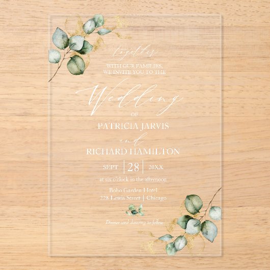 Invitations En Acrylique Elégant Mariage de verdure or (Recto)