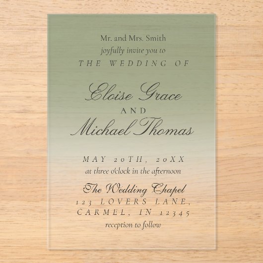 Invitations En Acrylique Élégant Mariage dégradé vert Sage Script (Recto)