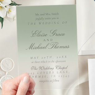 Invitations En Acrylique Élégant Mariage dégradé vert Sage Script