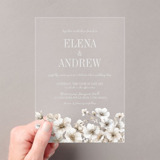 Invitations En Acrylique Elégant mariage d'hiver floral blanc (In situ (ordinateur de poche))