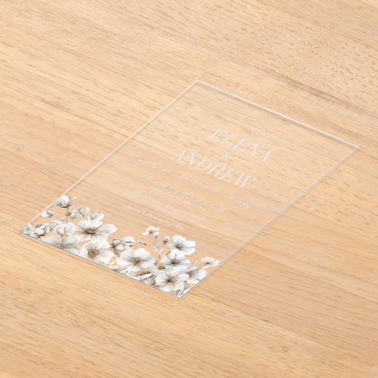 Invitations En Acrylique Elégant mariage d'hiver floral blanc (Poser)