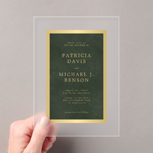 Invitations En Acrylique Élégant mariage élégant cadre doré vert foncé (In situ (ordinateur de poche))