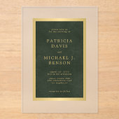 Invitations En Acrylique Élégant mariage élégant cadre doré vert foncé (Recto)