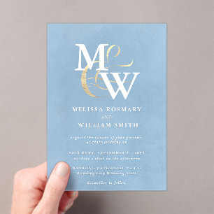 Invitations En Acrylique Élégant Mariage en verre de la mer Bleue Monogramm