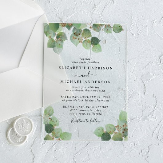 Invitations En Acrylique Elégant Mariage Eucalyptus Gold Aquarelle
