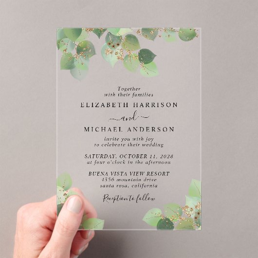 Invitations En Acrylique Elégant Mariage Eucalyptus Gold Aquarelle (In situ (ordinateur de poche))