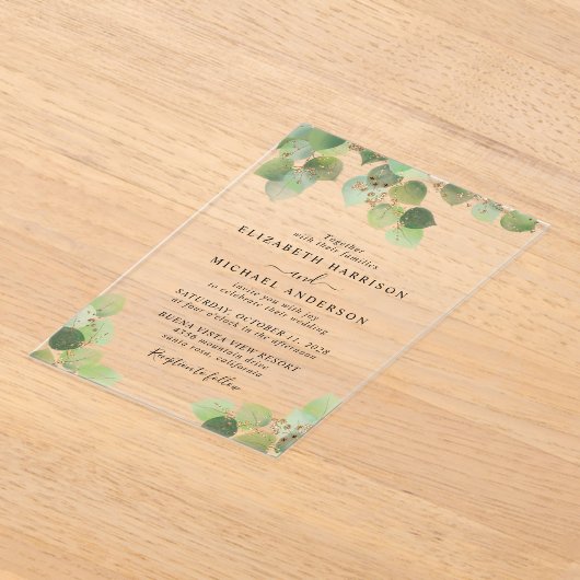 Invitations En Acrylique Elégant Mariage Eucalyptus Gold Aquarelle (Poser)