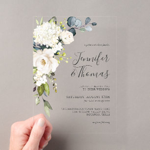 Invitations En Acrylique Élégant Mariage Fleur Hydrangeas Aquarelle Blanche