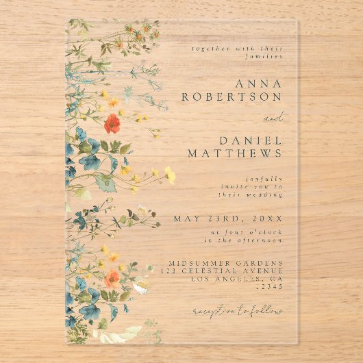 Invitations En Acrylique Élégant Mariage Fleur sauvage (Recto)