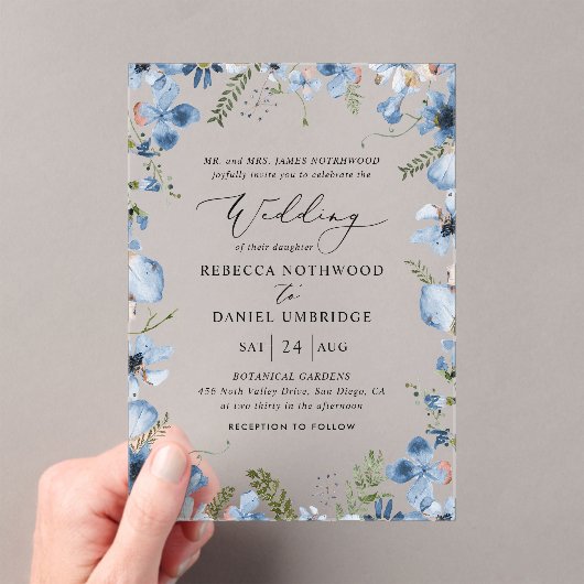 Invitations En Acrylique Élégant Mariage Fleur sauvage bleu (In situ (ordinateur de poche))