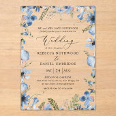 Invitations En Acrylique Élégant Mariage Fleur sauvage bleu (Recto)