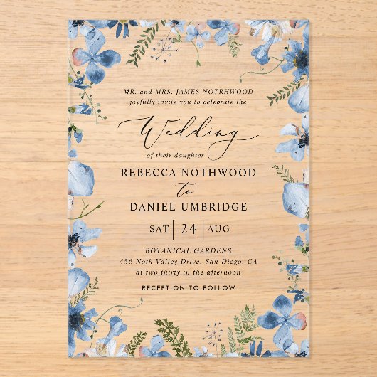 Invitations En Acrylique Élégant Mariage Fleur sauvage bleu (Recto)
