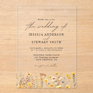 Invitations En Acrylique Élégant Mariage Fleur sauvage jaune coloré