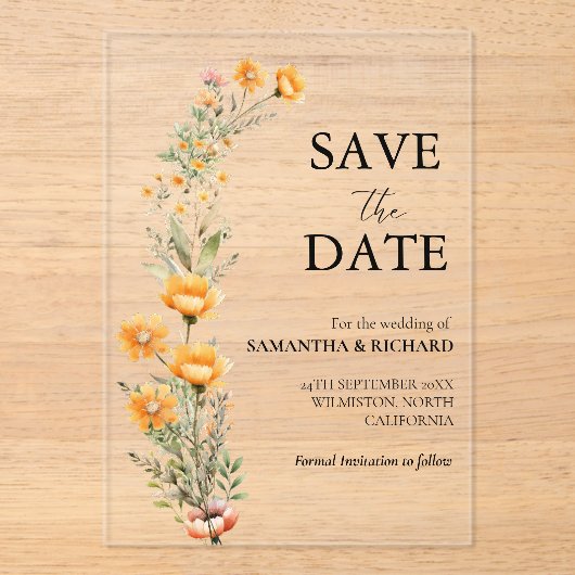 Invitations En Acrylique Elégant Mariage Fleur sauvage Meadow Enregistrer L (Recto)