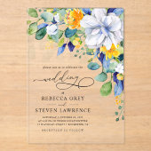 Invitations En Acrylique Élégant mariage fleuri jaune blanc (Recto)
