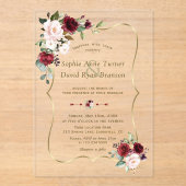 Invitations En Acrylique Élégant Mariage Fleurs Roses Bourgogne Or (Recto)