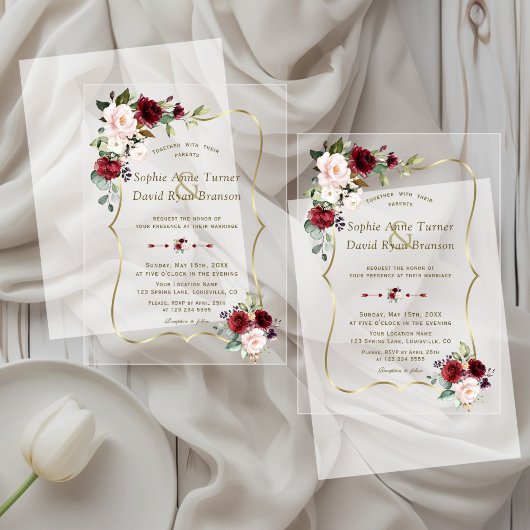 Invitations En Acrylique Élégant Mariage Fleurs Roses Bourgogne Or
