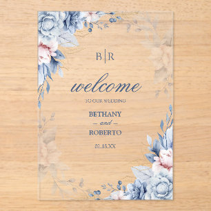 Invitations En Acrylique Elégant Mariage floral bleu et or