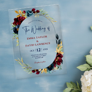 Invitations En Acrylique Élégant mariage floral bleu marine bordeaux