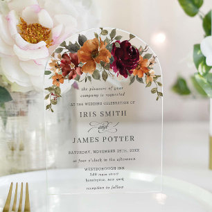 Invitations En Acrylique Élégant Mariage Floral Bourgogne Orange Brûlé