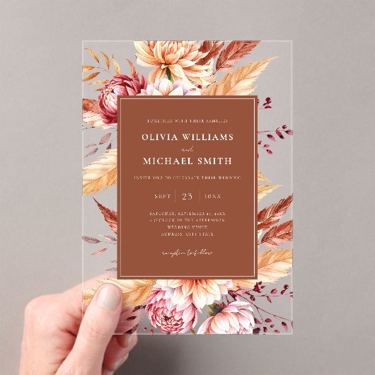 Invitations En Acrylique Élégant Mariage Floral Chic Boho Orange Burnt (In situ (ordinateur de poche))
